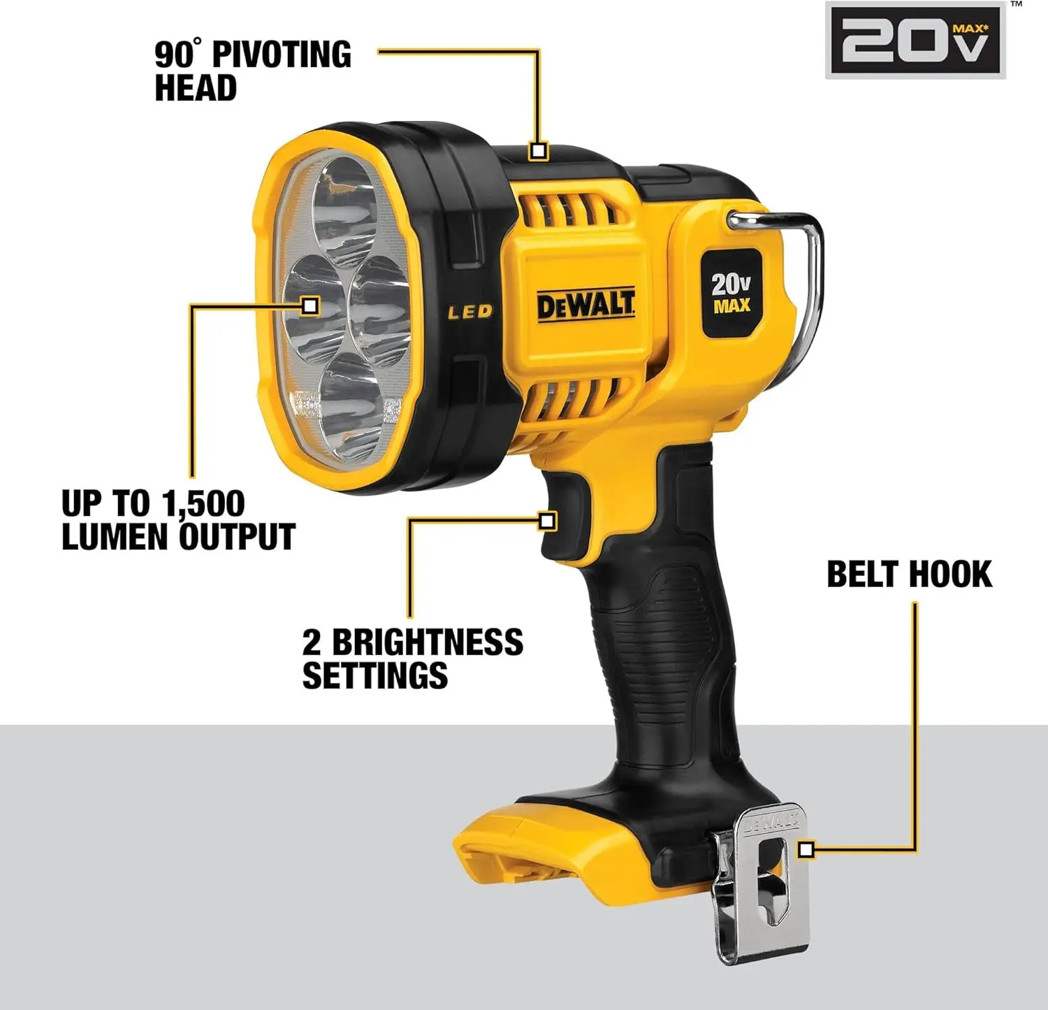 DEWALT 20V MAX LED Work Light, Handheld Spotlight with 508 Yard Distance, Pivoting Head, 1500 Lumens, Cordless,  (DCL043)