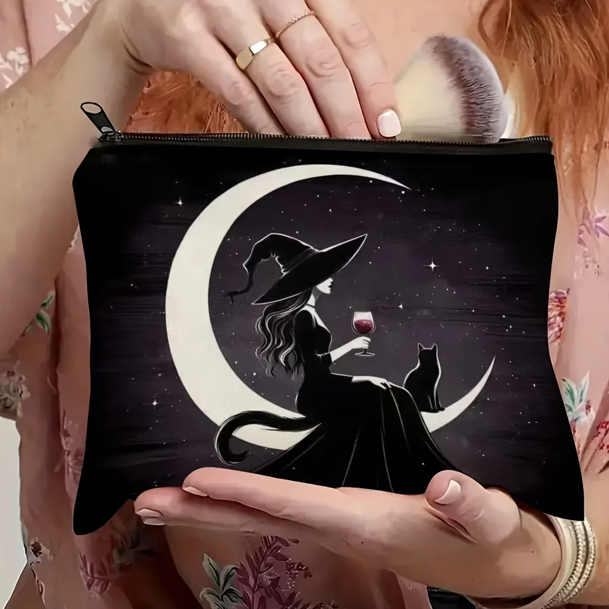 Dark Art Makeup Bag with Grey Witch, Crow & Full Moon Design - Polyester Travel Cosmetic Pouch, Zipper Closure & Chain Strap