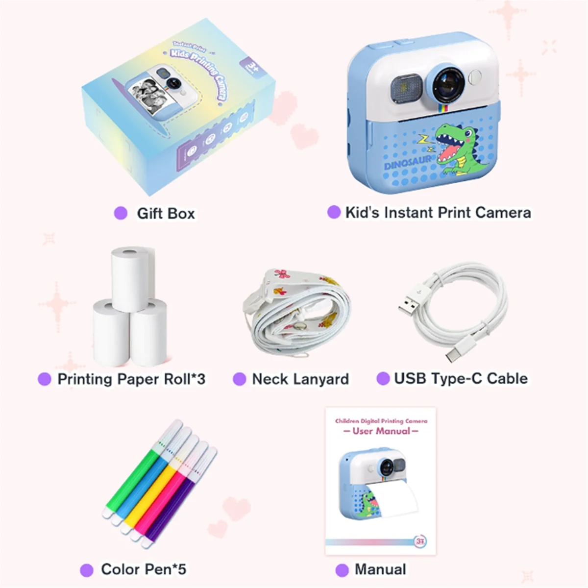 ABXHH 1080p Kid Mini Instant Print Camera 32G Digital Photo Camera Toy Photo Printing Camera with 3Rolls Print Paper for Kid,B