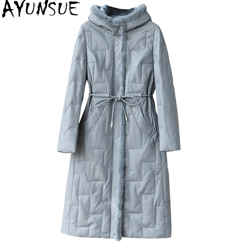 AYUNSUE 양피 정품 가죽 자켓 여성 겨울 의류 중간 길이 90% 화이트 오리 다운 코트 여성 코트 밍크 모피 칼라