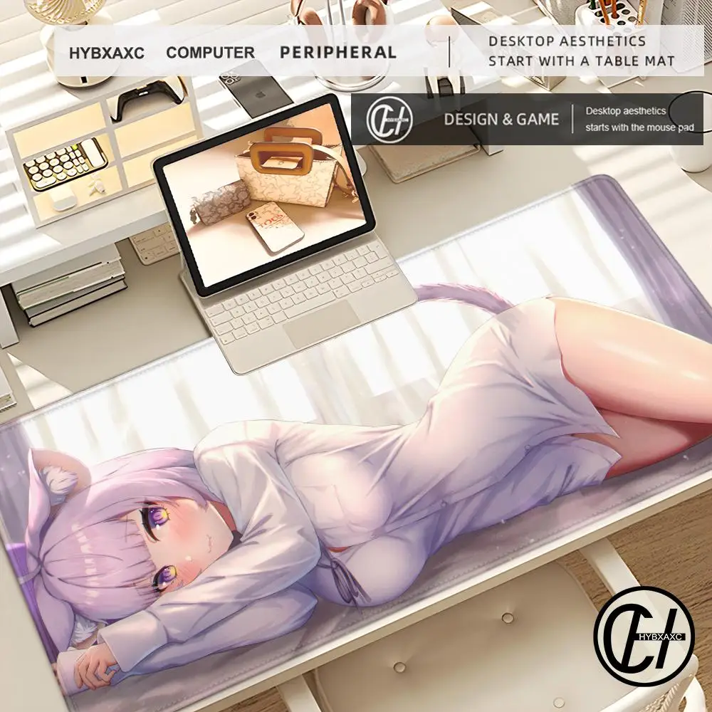 

Коврик для мыши в стиле аниме для девочек, расширенный настольный коврик, игровые аксессуары для ПК, коврик для клавиатуры Hololive Nekomata Okayu, коврик для ноутбука, фиолетовый Kawaii, коврик для мыши