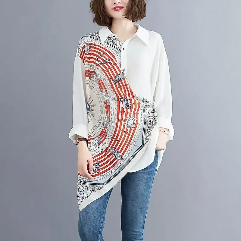 

Fashion Blous Women Retro Design Silk Scarf Shirt Polo Collar Mid-length Hem Irregular Casual Loose Shirts Womens Top