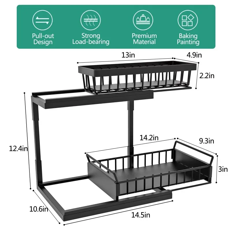 2 Tier Under Sink Organizer and Storage Basket,Slide Out Under Cabinet Organizer Shelf,Multi-Purpose Pull Out Drawer Cabinet