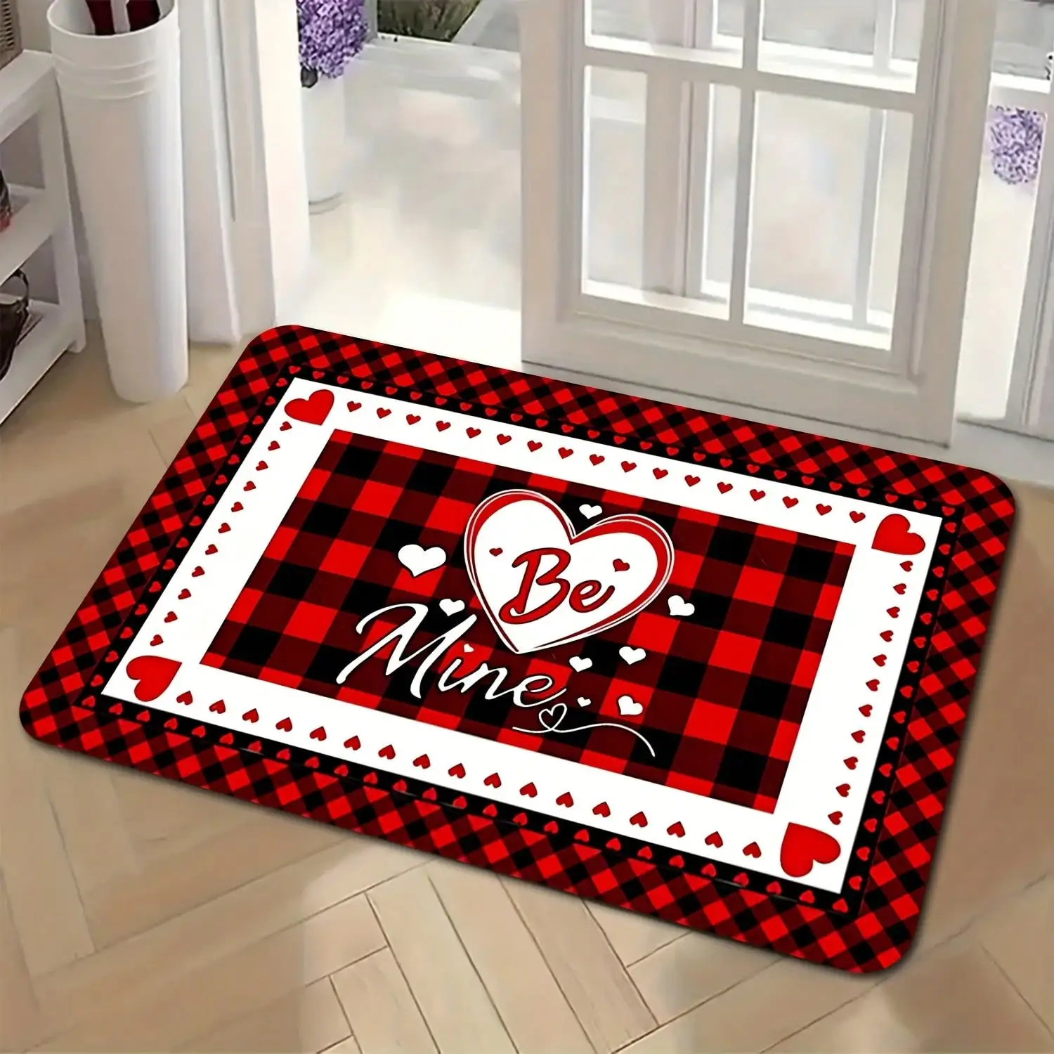 1pc Premium Flannel Valentine's Day Red Black Buffalo Plaid Love Heart Shaped Doormat, Non-Slip And Washable Fade Resistant Kitchen Dining Room Hallway Bathroom