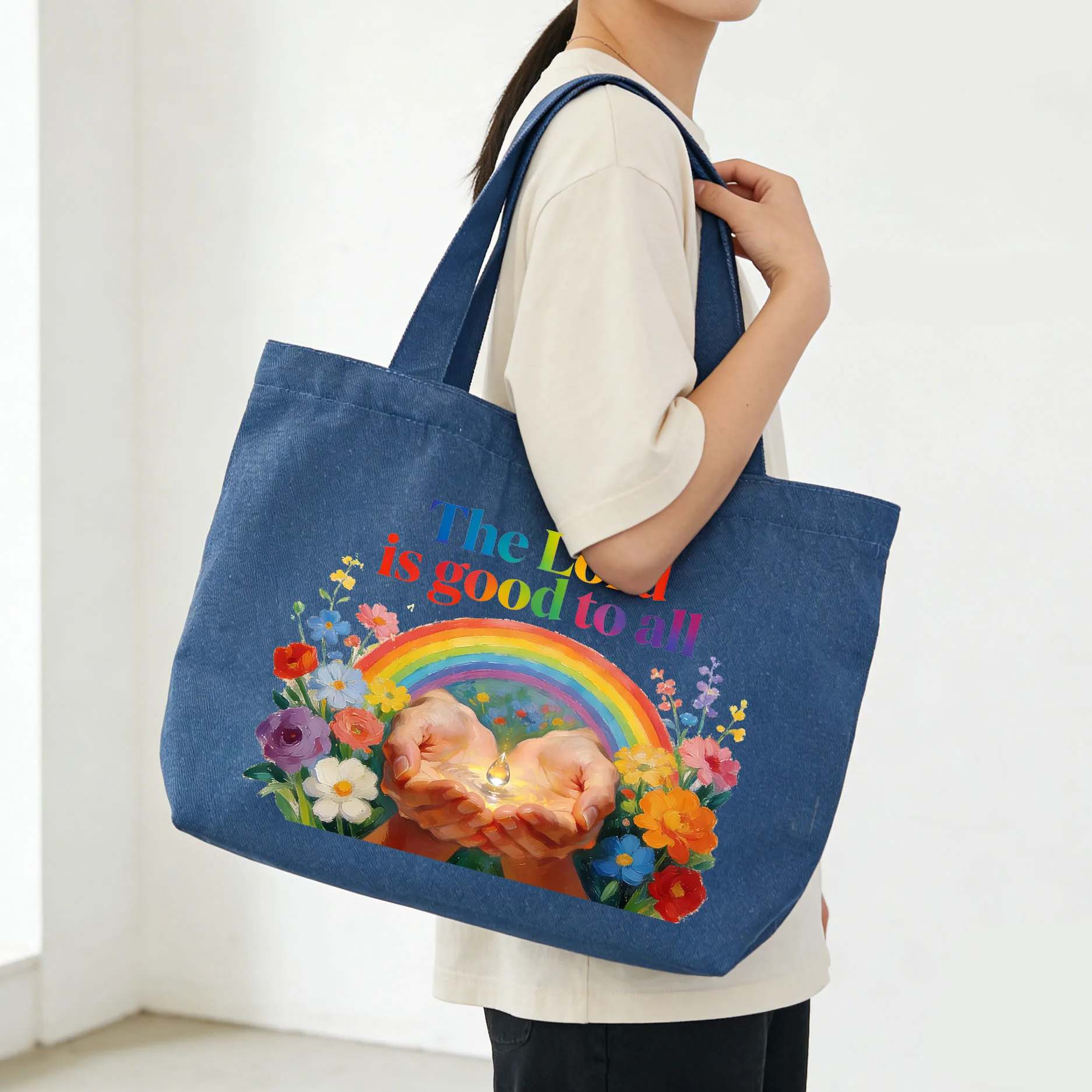 

1 шт., холщовая сумка с религиозными цитатами и радужным цветком, ковбойская тканевая многоразовая сумка для покупок, повседневная сумка на плечо на тему веры