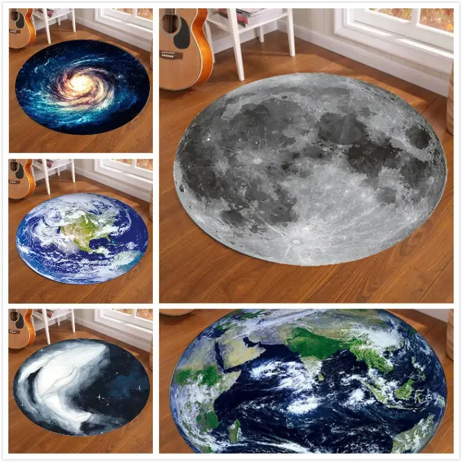 Galaxy Earth Moon Round Carpet for Children’s Room Floor Carpets Mat Home Decor Living Room Anti-Slip Bedroom Carpet Area Rug