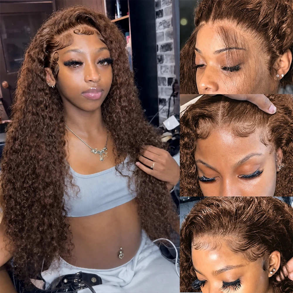 200% Density Brown Water Wave Human Hair Wigs Chocolate Brown 13x4 13x6 Hd Lace Frontal Wig 30 Inches Brazilian Deep Wave Lace Front Curly Wigs  #4 Colored Wigs Pre-Plucked Prebleached