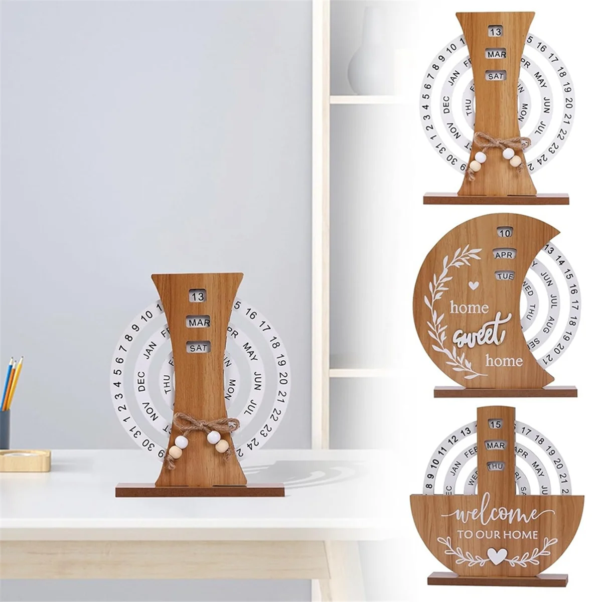 Wooden Calendar Home Porch Decoration Office Desktop Decoration Manual Rotating Desk Calendar Sweet House A