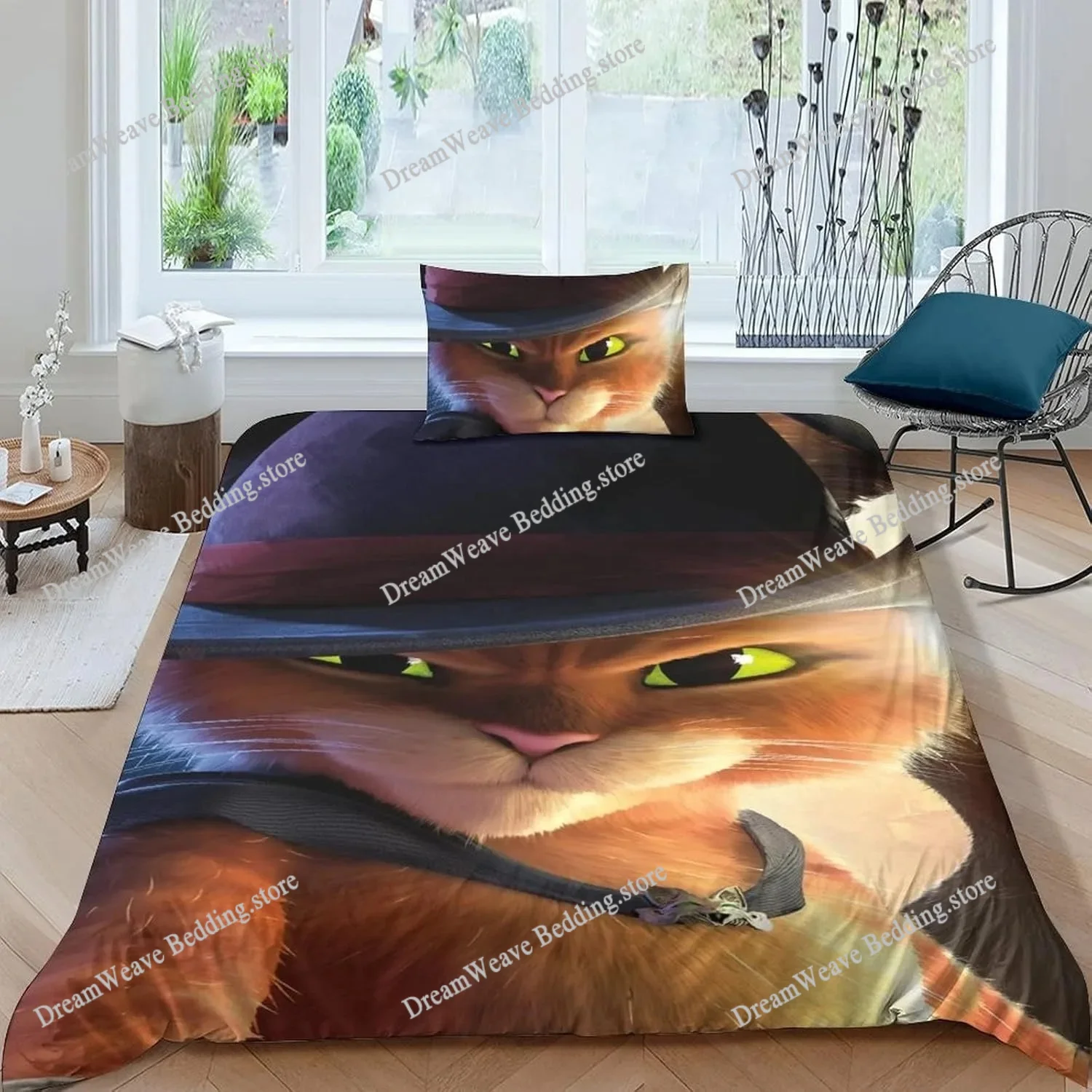 

Cartoon Cat PUSS BOOTS Bedding Set Duvet Cover Bed Set Quilt Cover Pillowcase Comforter King Queen Size Boys Adult Bedding Set