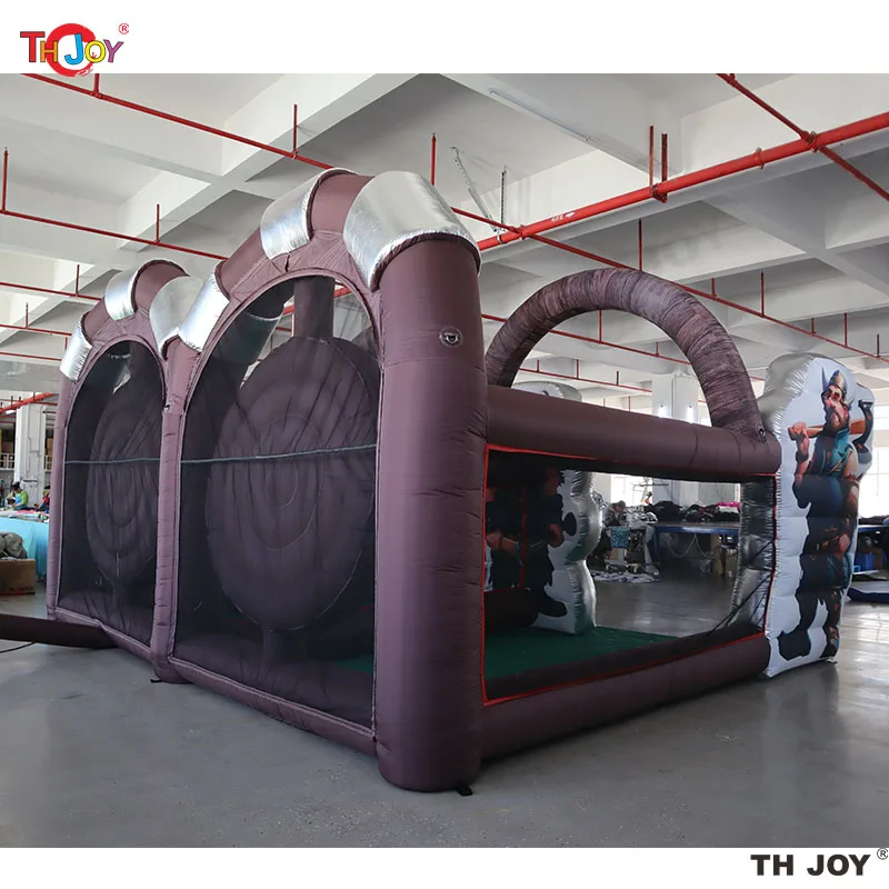 6x5m Nieuw opblaasbaar bijlwerpspel met blazer en bijlen Opblaasbare interactieve spellen voor feestevenementen