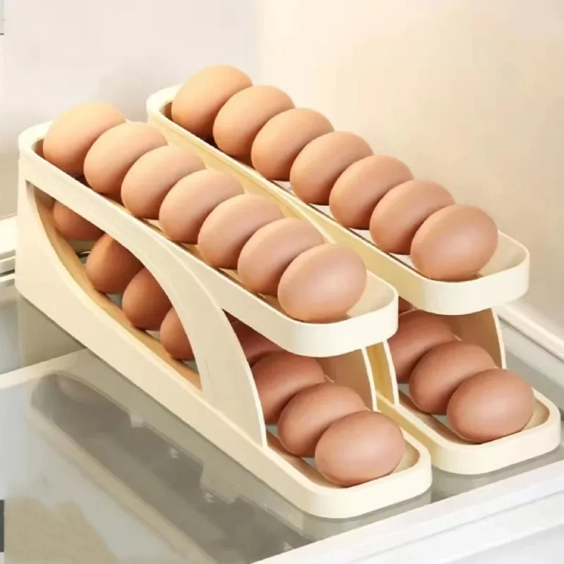 

Slide Style Egg Box Side Door of Refrigerator Double Layer Automatic Egg Rolling Kitchen Storage Anti Drop Helps Keep Fresh
