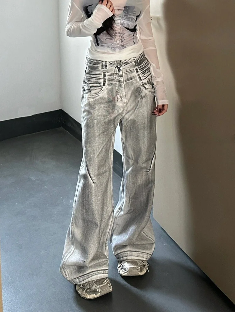 

American Retro Distred Straight Leg Jeans Women's BF Lazy Sle Summer High Street Aalyptic Casual Floor-Length Pants