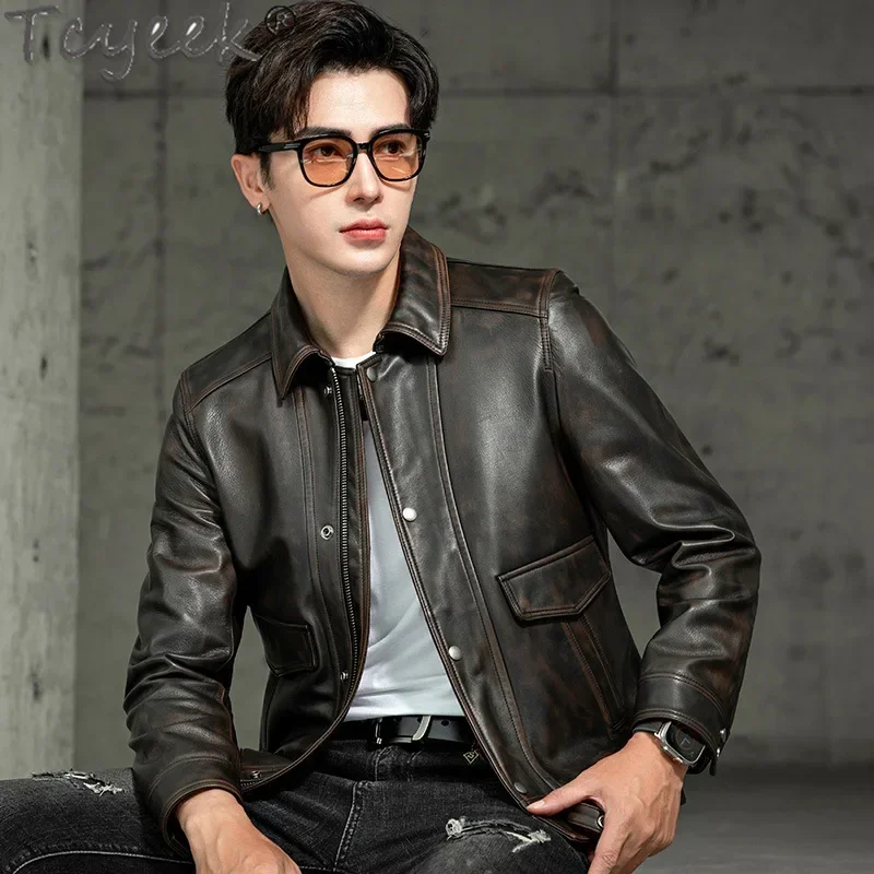 Tcyeek Genuine Leather Jacket for Men Spring Autumn Clothes Natural Goatskin Coats Male Vintage Leather Coat Jaqueta Masculina