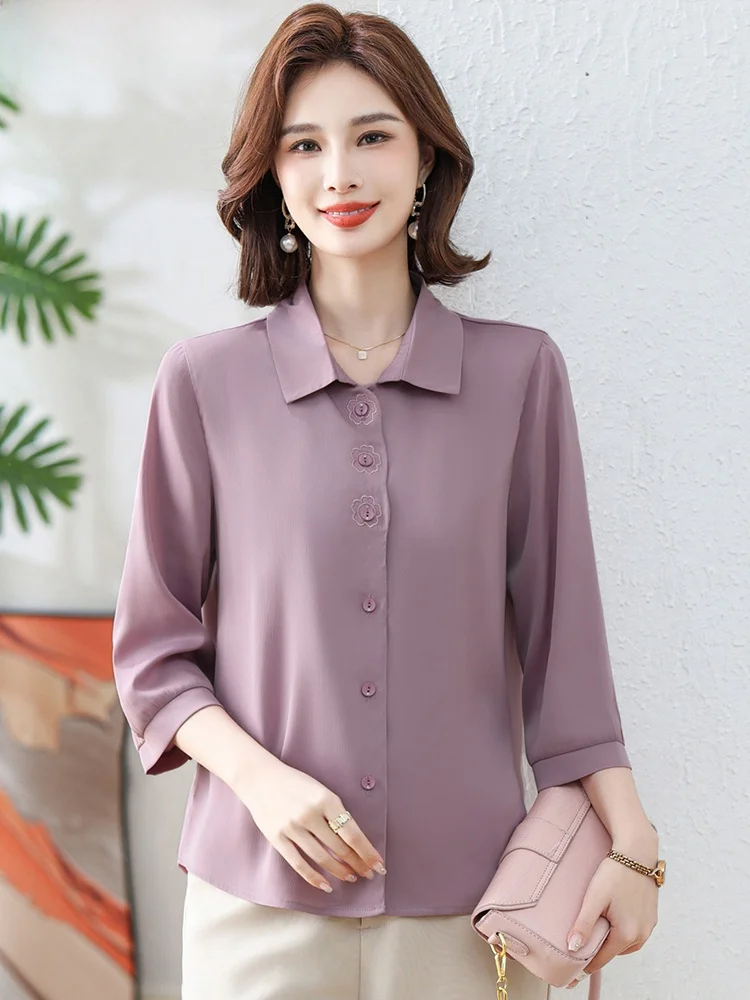 

Женская модная шифоновая блузка с вышивкой для осени, весенне-летний топ для женщин среднего и старшего возраста