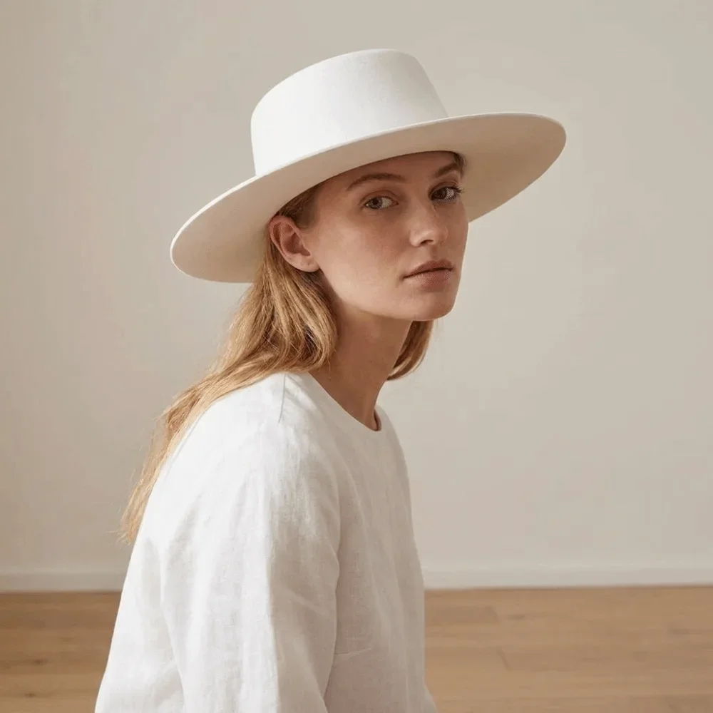 Retro Solid Color Hepburn Style Bucket Hat British Style Flat Top Wide Brim Felt Hat Woolen Fedora Hat Women Jazz Hat Dinner