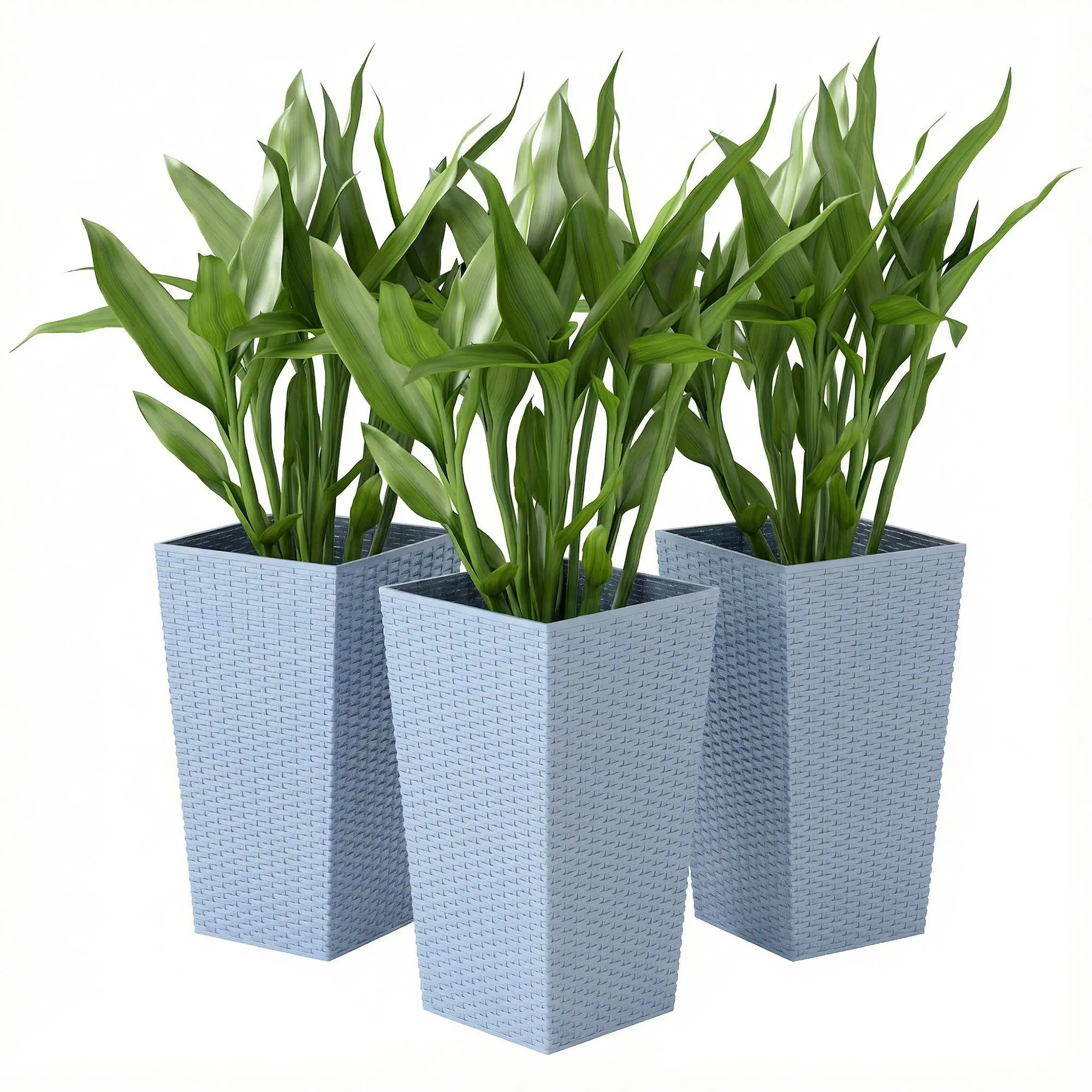 Tall Planters for Outdoor Plants Set of 3, 24 Inch Taper Planters with Drainage Holes, Rattan Decor Plant Pots, Light Gray