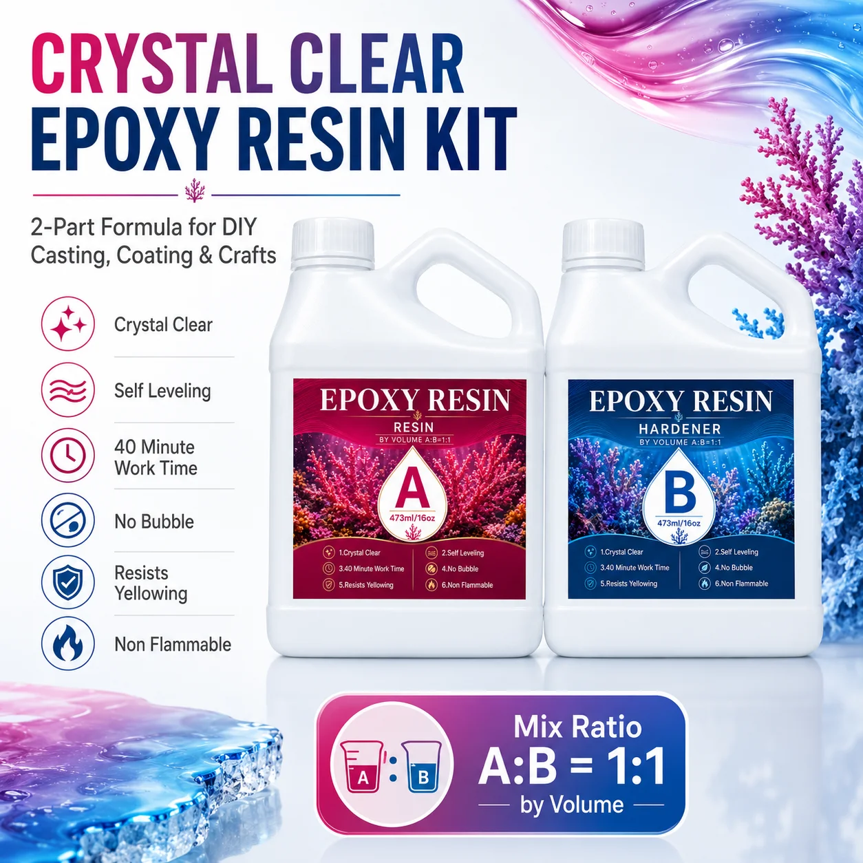 Crystal Clear Epoxy Resin Kit, Bubble-Free, Non-Yellowing, Ideal for Coating, Casting, Tabletop, River Furniture, Resin Art