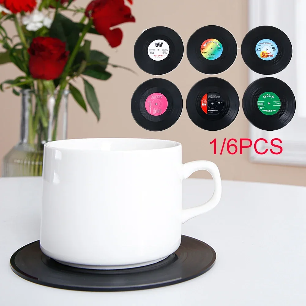 1/6PCS Colorful Retro Coaster Vinyl Record Disk Coasters Funny CD Cup Mats Heat-resistant Non Slip Pad Kitchen Accessories Tools