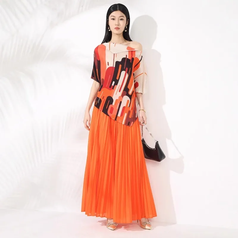 

New Irregular Printed Collar Top for Women Loose High Waist, Personalized Pants Skirt Fashion Set Suitable for Party Commuting