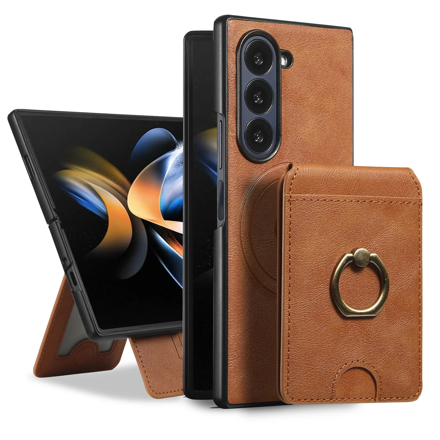 

Business Luxury PU Leather Phone Case For Samsung Galaxy Z Fold 4 5 6 7 Ring Buckle Magnetic Card Bag Shockproof Protect Cover