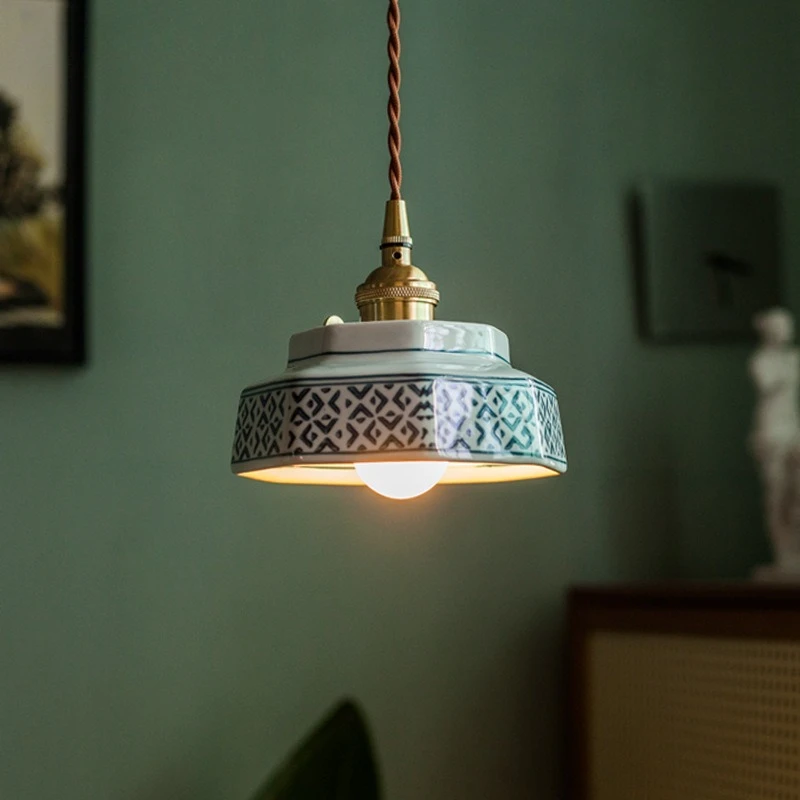 

Japanese Ceramic LED Pendant Lamp,Mid-Century American Style,Ceramic & Metal, for Bedroom Bay Window Dining Room Balcony Hallway