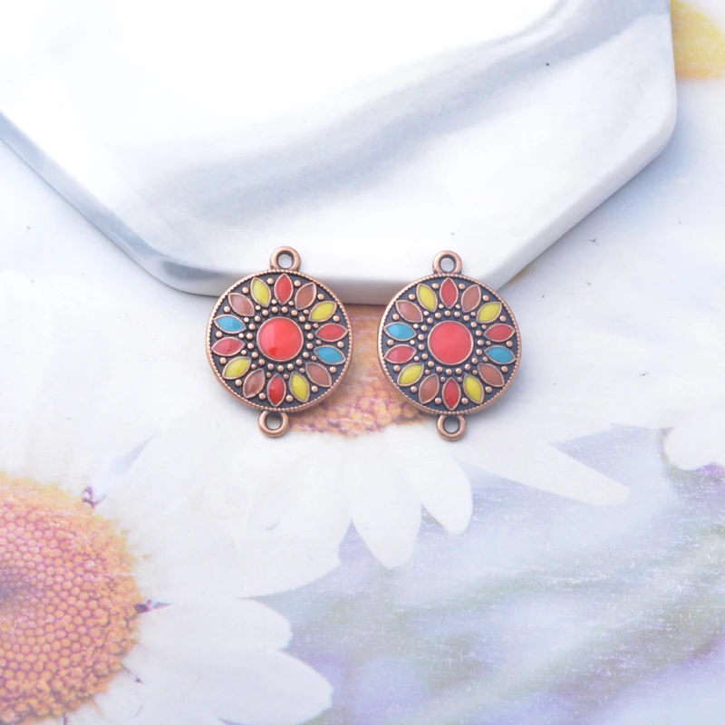 10 Stück Emaille-Rundanhänger aus Legierung, bunt, antikrot, Anhänger-Verbinder für DIY-Schmuck- und Ohrringherstellung – Detail 5