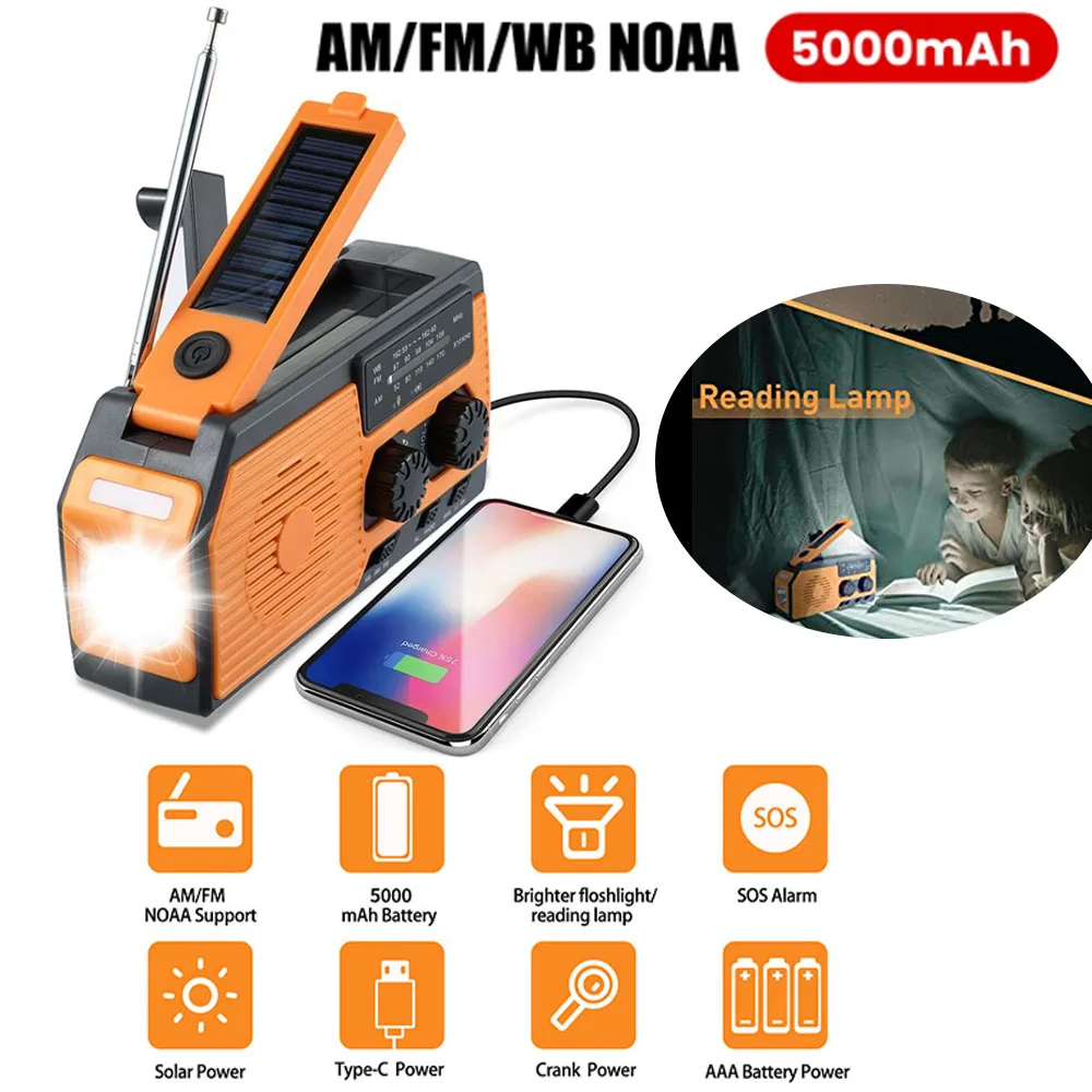 

5000mAh Emergency Solar Power Radio FM AM NOAA Weather Radio Led Flashlight Hand Crank Camping Power USB Charging