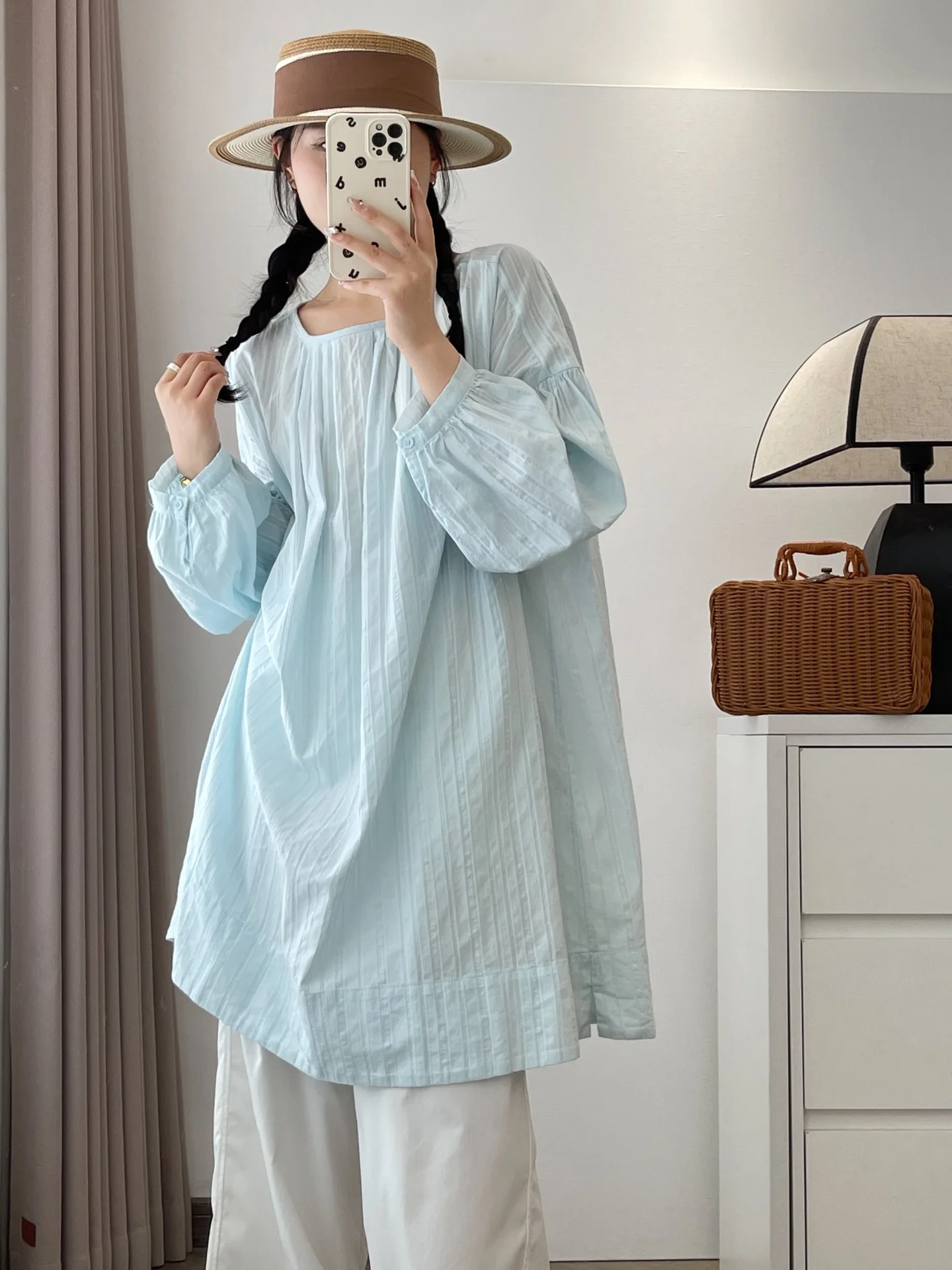 เสื้อทรงหลวมสไตล์ญี่ปุ่นทรงกลม Ne Long Sve ปกปิดเนื้อเนื้อเรียบง่าย Bubble Sve Ele Age Reducing Top
