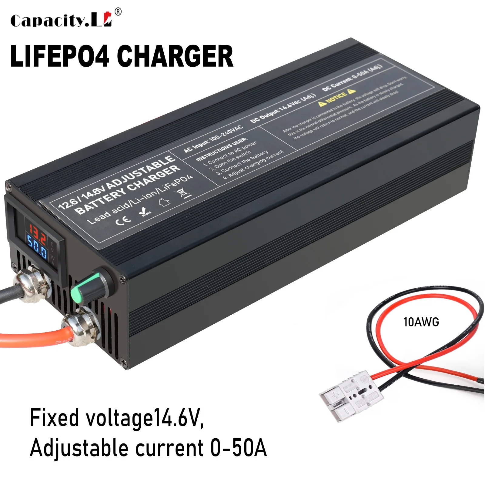 12V 50A Lifepo4 Charger 14.6V 12.8V Lithium Battery Charger 100-240V For Lifepo4 RV Battery Solar Battery Outdoor Power Charging