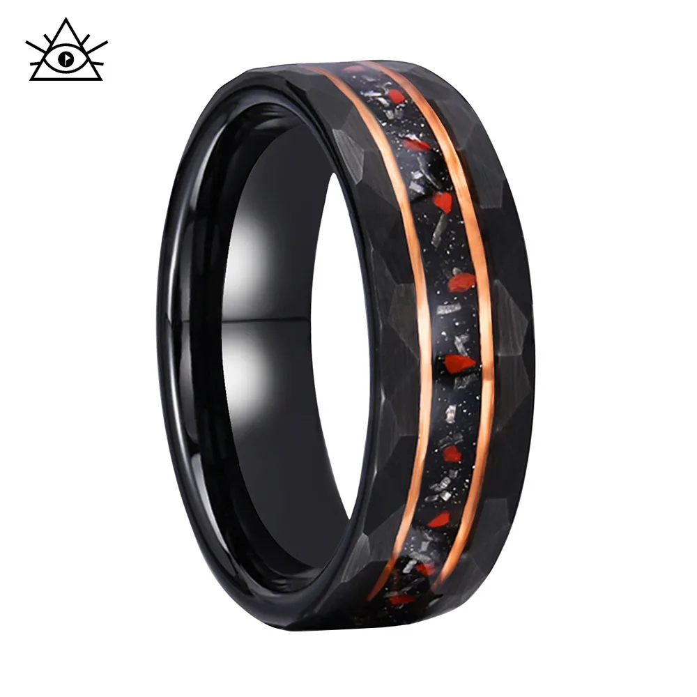 Tungsten Steel Black Ring Inlaid With Dinosaur Fossil Meteorite Debris, Fashionable Rings For Men And Women.