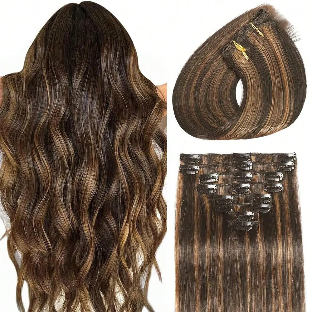 

Dark Brown Highlight 28" 110g Clip In Hair Extensions: Invisible Straight Real Human Hair 8Pcs Double Weft Clip Ins for Women