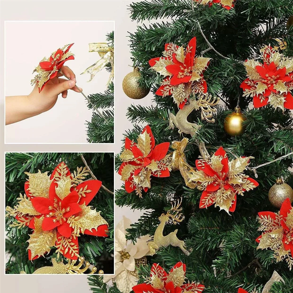5/10Pcs 14.5cm Christmas Decoration Artifical Flower Ornaments Pink Red Gold Glitter Fake Flowers For Xmas Tree Home Decor image 4