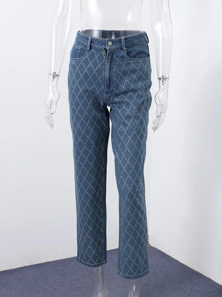 

Trendy Sparking Denim Jeans With Front Rhinestones For Women Diamond-Patterned High Waist Straight Leg Pants Casual Streetwear