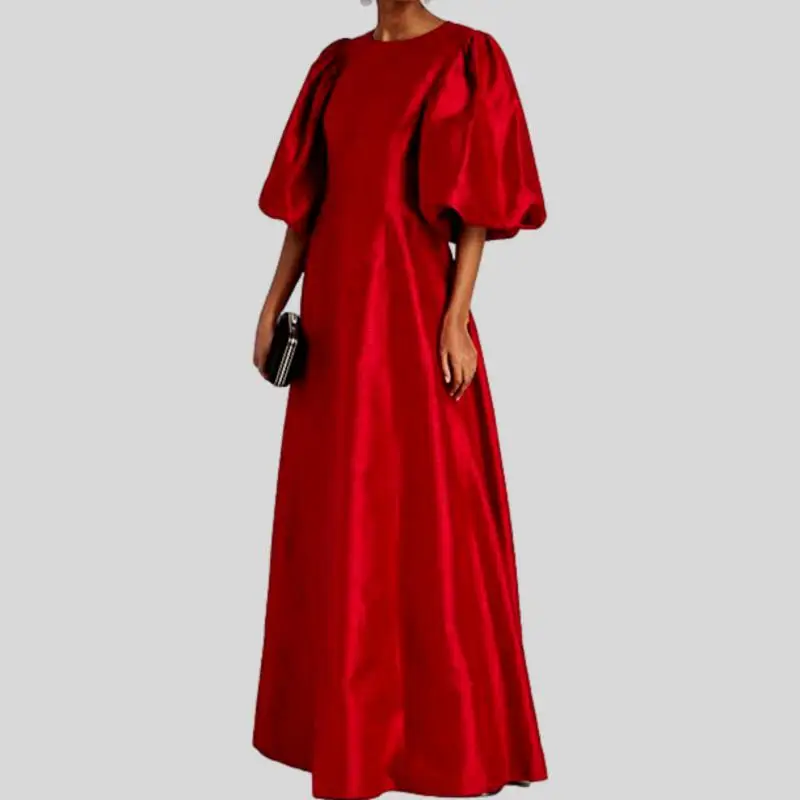 Modest Red Satin Loose Women Formal Dresses Short Puff Sleeves A-line Long Maxi Dress Women Robe kaftan