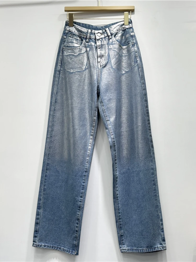 DEAT Women's Jeans High Waist Straight Shiny Silver Plated Gold Coated Do Old Denim Pants 2024 Autumn New Fashion 29L7855