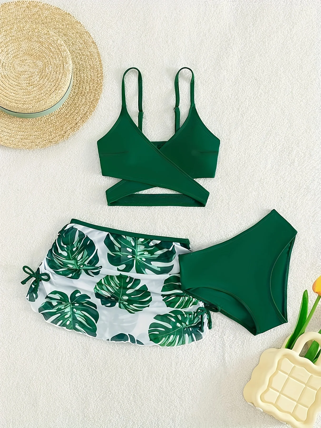 Women's Vacay Swimwear Set, Leaf Print High Cut Bikini with Cross Strap Top & Cover Up Skirt, Summer Beachwear Bikinis Sets