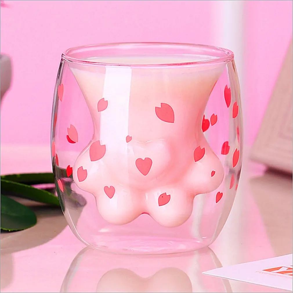 Cute Transparent Cat\'s Paw Cup Coffee Milk Beer Mug Cherry Pink Transparent Double Glass Cat Paw Cup Milk Juice Cup Best Gift