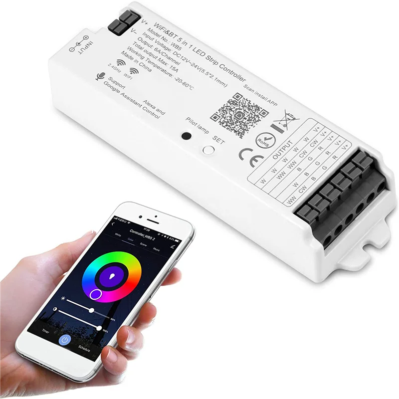 

2X WB5 RF Wifi Bluetooth LED Strip Controller RGB CCT RGBW 5In1 Dimmable DC12-24V Lights Controller For Smart Life APP-A80Z