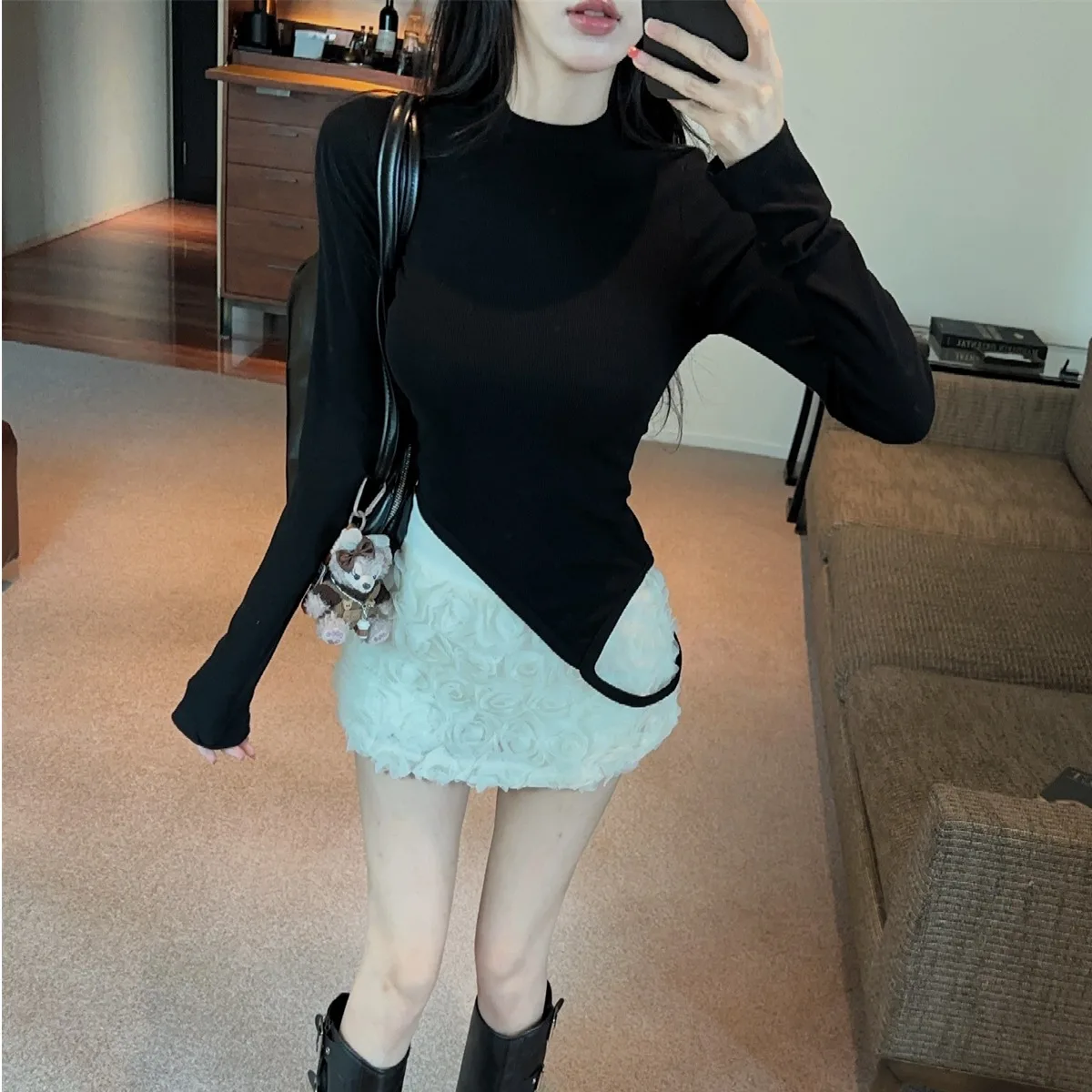 Fashionable Long Sleeve T-Shirt And Short Skirt Set Women's Stand Collar 3D Floral Print Autumn New Style Elegant Two-Piece Suit