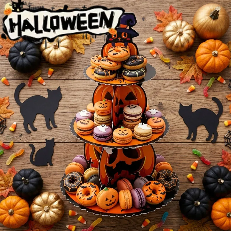 1-4PCS Halloween Cardboard Dessert Stand 3 Layer Cake Tray with Skull Pumpkin Design for Party Table Decoration Supplies