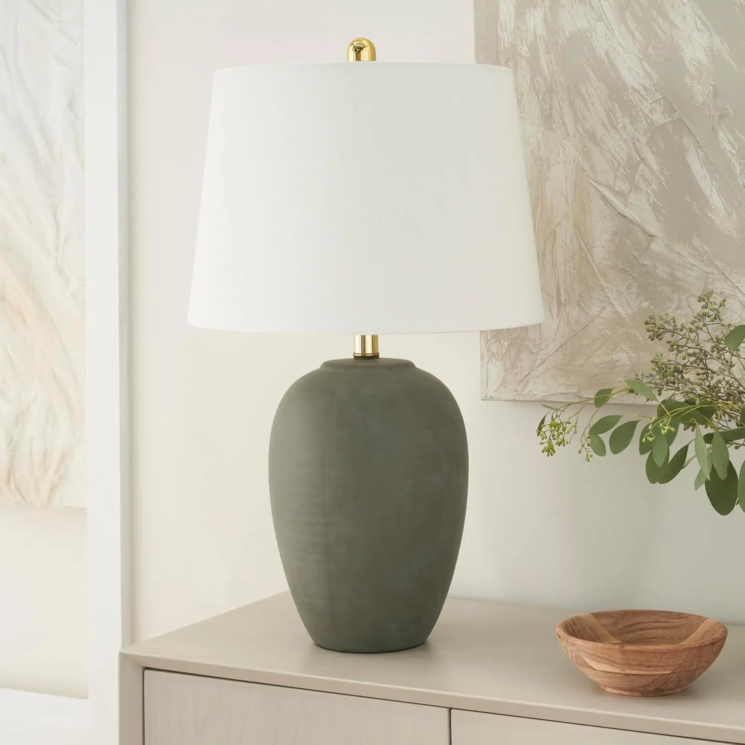

Olive Green Ceramic Table Lamp with White Drum Shade for Bedroom, Living Room, and Office Decor