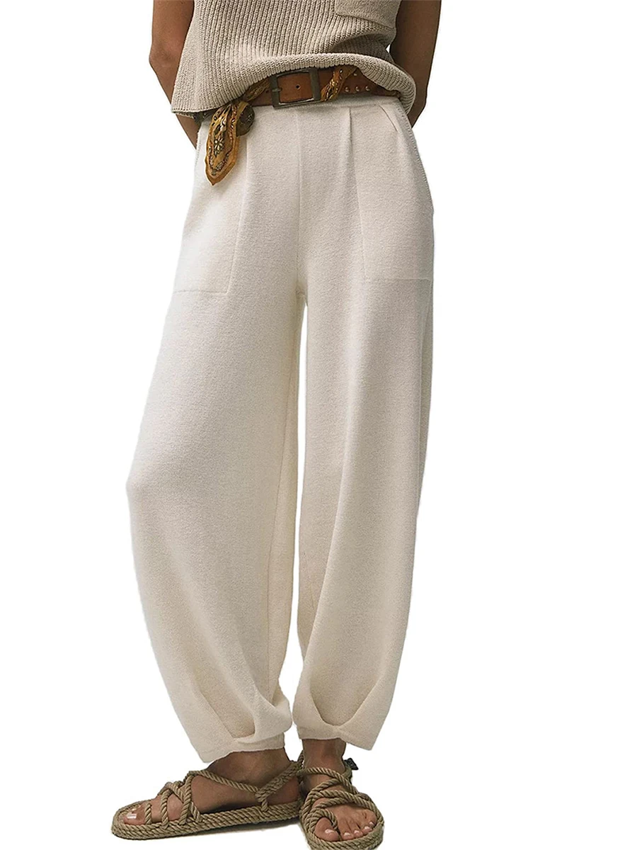 

Women's Casual Knit Pants Elastic Waist Solid Color Harem Pants Lounge Trousers with Pockets