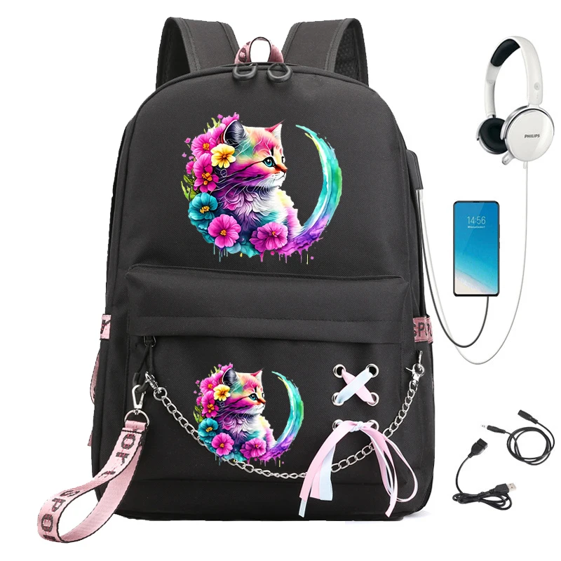 Cute Floral Cat Imprimir Mochila para Meninas Adolescentes, Saco de Escola Primária, Crianças Bookbag, Carregamento USB Bagpacks, Aquarela