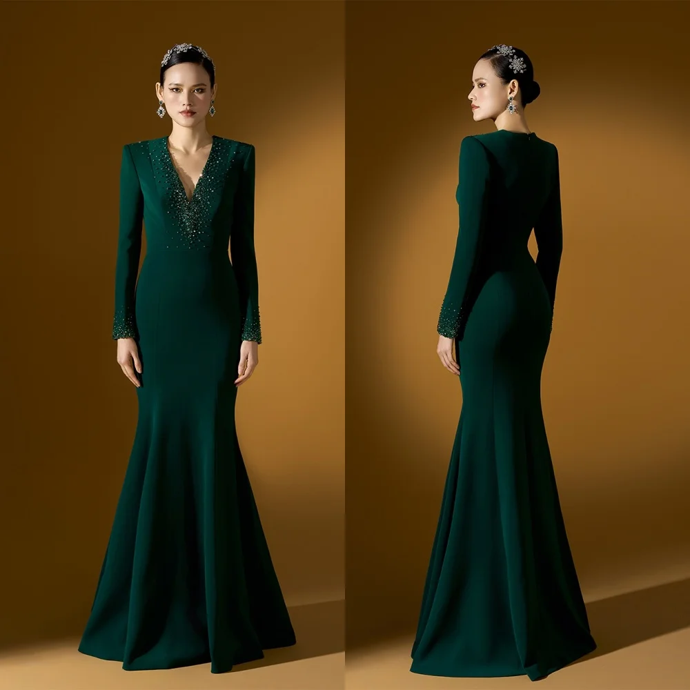 Maßgeschneidertes Damen-Abendkleid mit Perlenstickerei, glitzernd, maßgeschneiderter Anlass, V-Ausschnitt, Meerjungfrau, lange Kleider, maßgeschneiderter Anlass, elegante Party