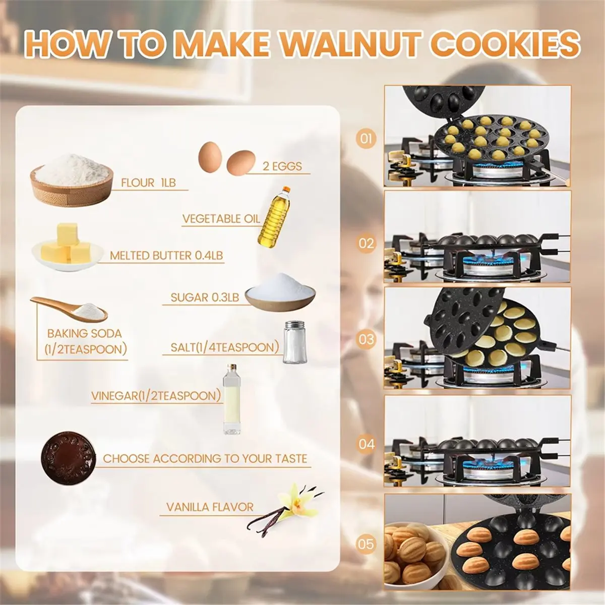 16-Hole Walnut Cookie Cutter, Universal Baking Pan with Non-Stick Coating and Wooden Handle
