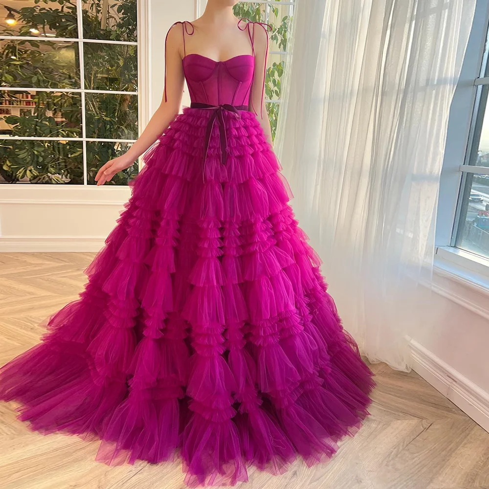 Customized Modern Ruffles Tulle A-Line Spaghetti Straps Fuchsia Tiered Long Party Gowns V-Neck Pleat Formal Evening