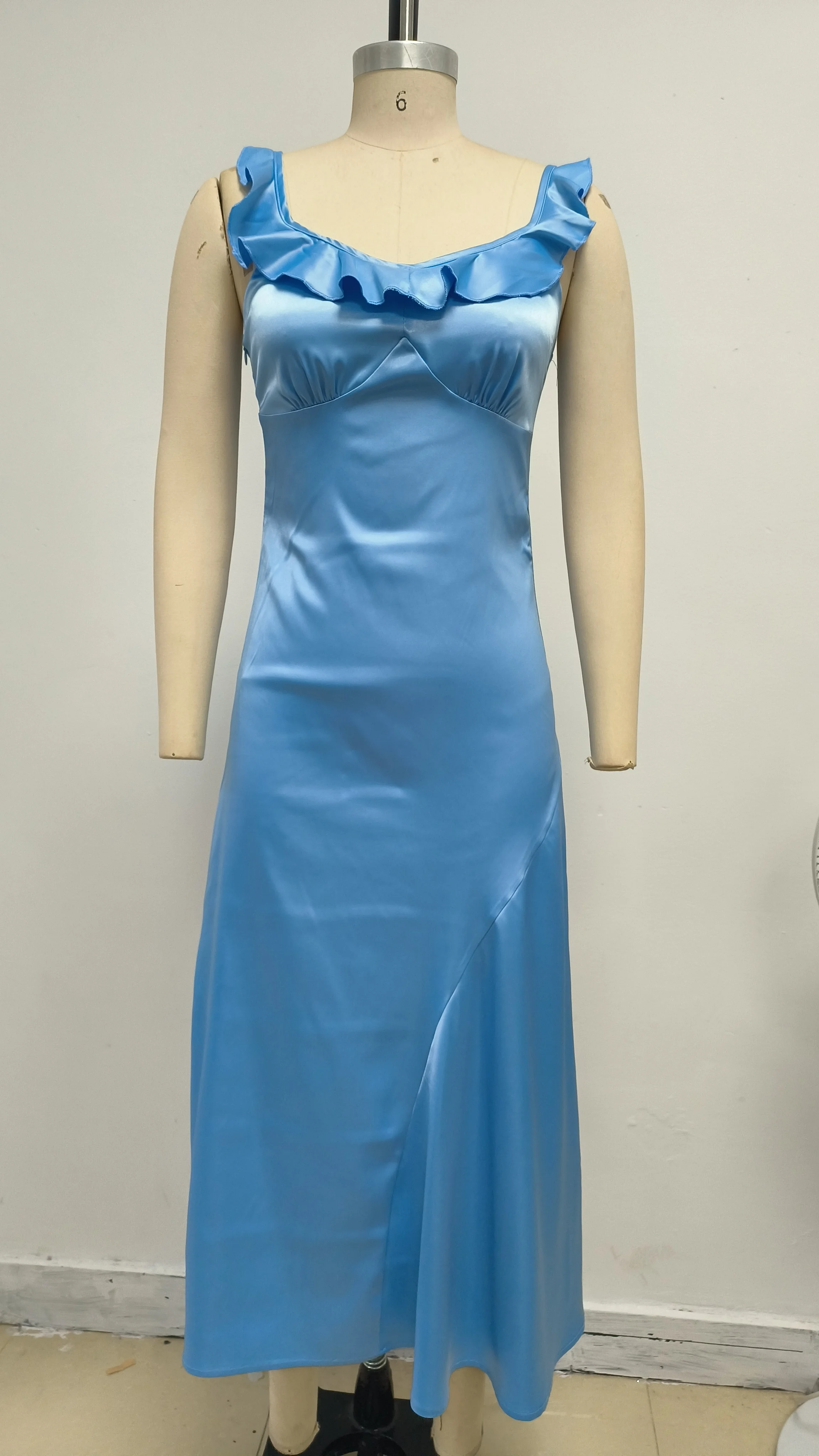 

Women Blue Satin Dress Soft Comfortable Sleeveless Midi Calf Special Evening Club Party Dresses High Quality Wholesale Dropship