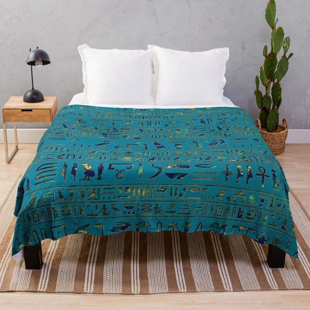 Egyptian hieroglyphs on teal leather texture Throw Blanket Summer Beddings Decorative Throw Shaggy Blankets