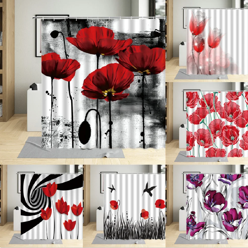 Red Flowers Poppy Floral Pattern Shower Curtains Bathroom Decor Waterproof Bathtub Polyester Fabric Bath Curtains With Hooks