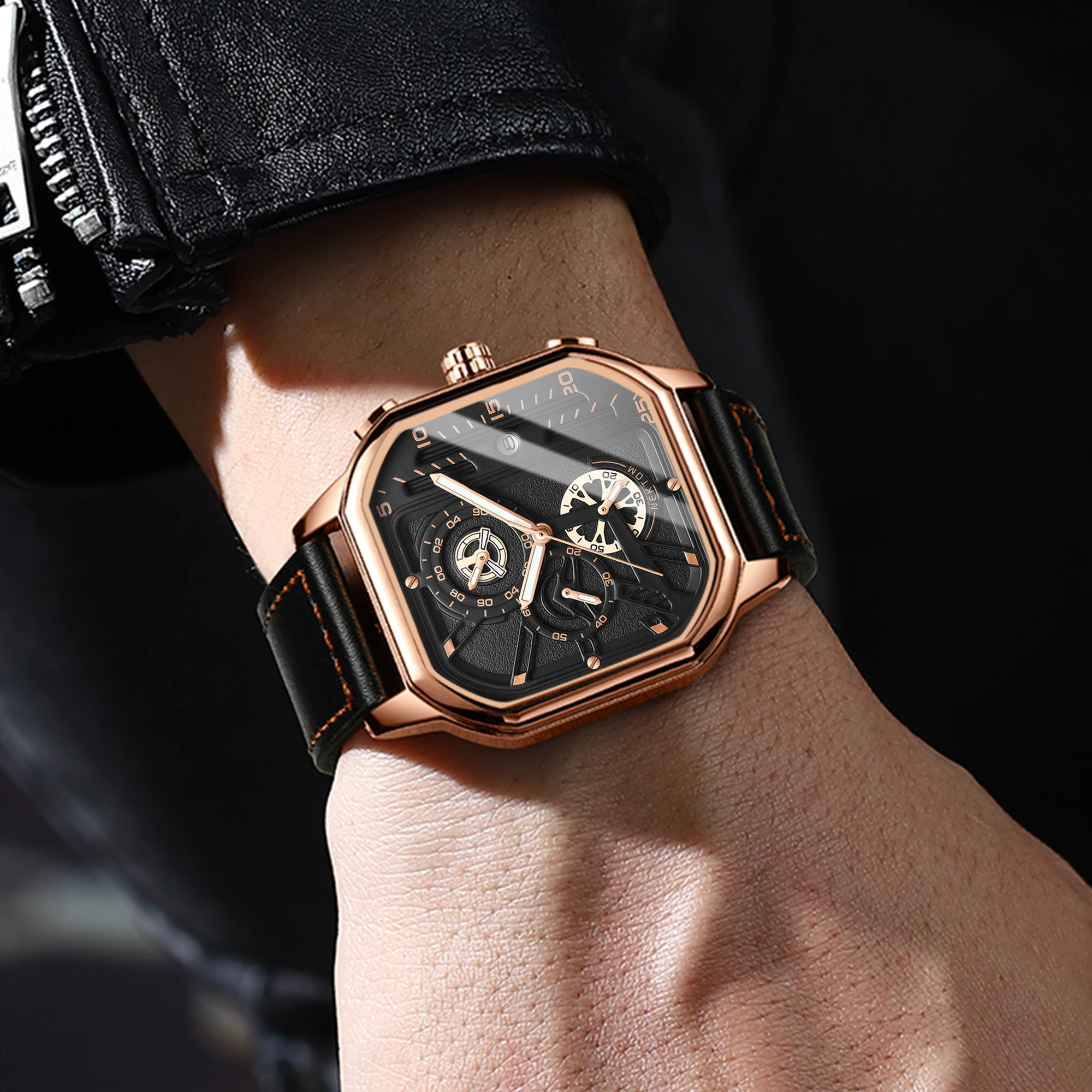 BINBOND Moda Esportes Mostrador Grande Relógio Quadrado Masculino Casual Pulseira De Couro Relógio De Quartzo Masculino